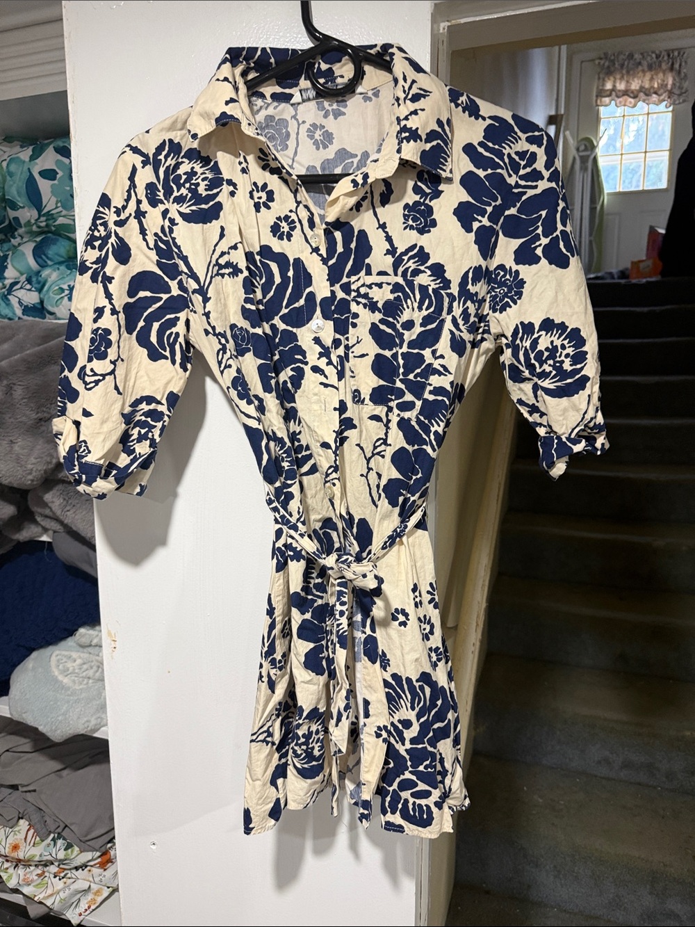 Zara Navy Floral Button-Front Mini Dress on Cream